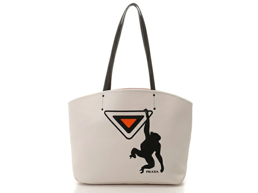 Prada Bag Tote White Orange Black Canvas Calfskin